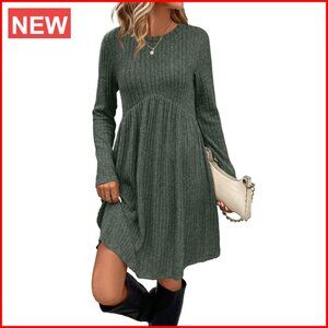 Long Sleeve Empire Waist Tunic Dress with Pockets, Midi Swing Silhouette